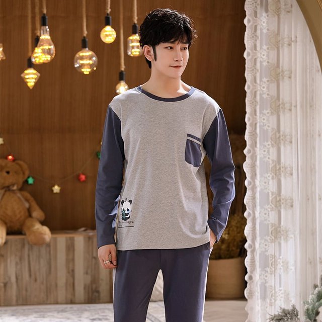 Printemps Automne Plus 5TG Pyjama Tricoté pour Hommes à Carreaux Ensembles de Pyjamas Décontractés Mode Nuit