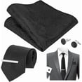 thumbnail image 1 of Conjunto de corbatas negras para hombre, incluye accesorios para prendas de vestir: corbata, gemelos, pasador de corbata plateado, pañuelo de bolsillo negro., 1 of 7