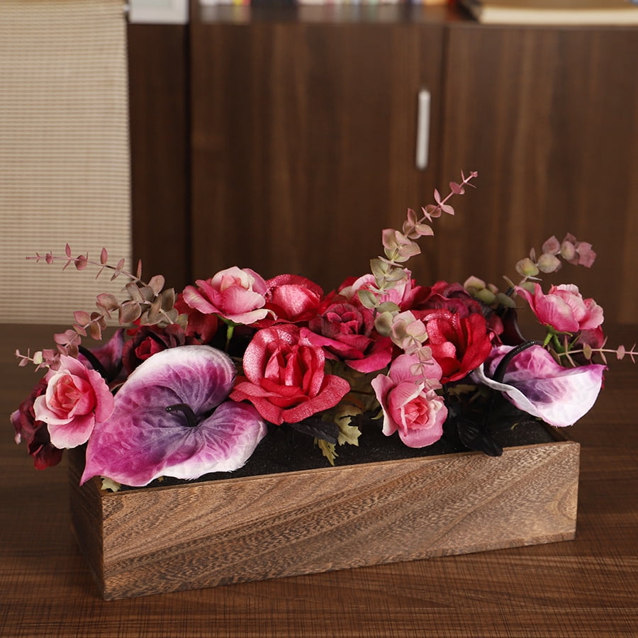 Flower Arrangement with Wooden Vase Artificial Flowers in Pot - Fake Flowers Roses Peonies Hydrangeas in Wooden Vase Potted Artificial Flower Centerpieces for Table Decor Living Room