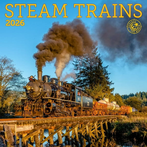 Ziga Media, Steam Trains 2026 Wall Calendar, 12'' X 12'', 16-Month Calendar with Stapled Binding