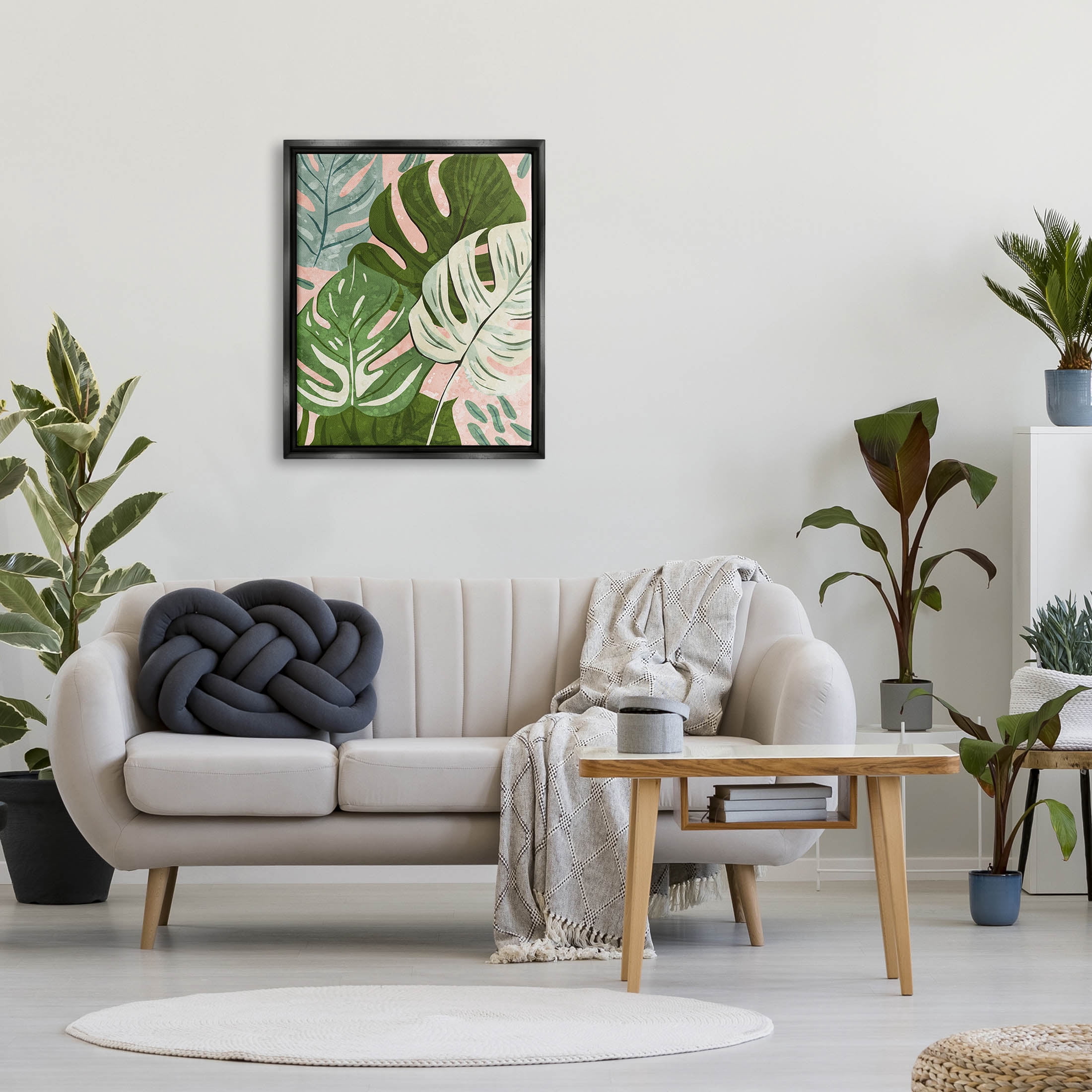 Layered Monstera Plant Leaves Botanical & Floral Graphic Art Jet Black Framed Art Print Wall Art