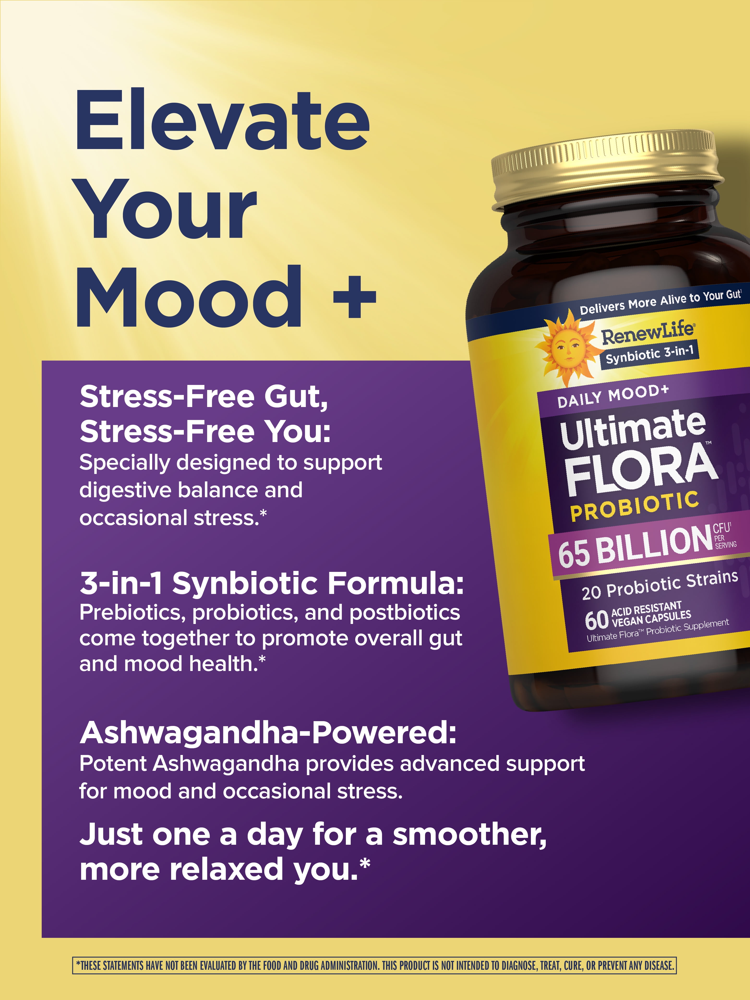 Ultimate Flora Probiotics Daily Mood Support | 65 Billion CFU | 60 Delayed Release Vegan Capsules with Ashwagandha | by Renew Life