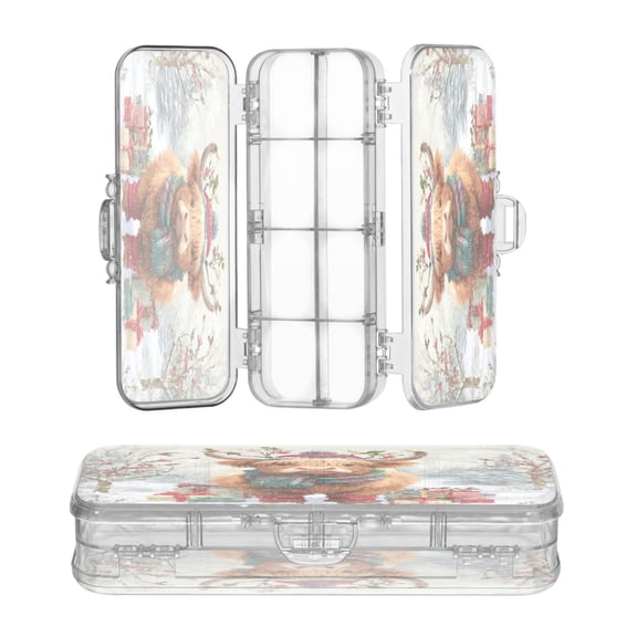 Plastic Pencil Box Large Capacity Pencil Boxes Clear Boxes with Snap-Tight Lid Stylish Office Supplies Storage Organizer Box Cow Wearing Christmas Hat