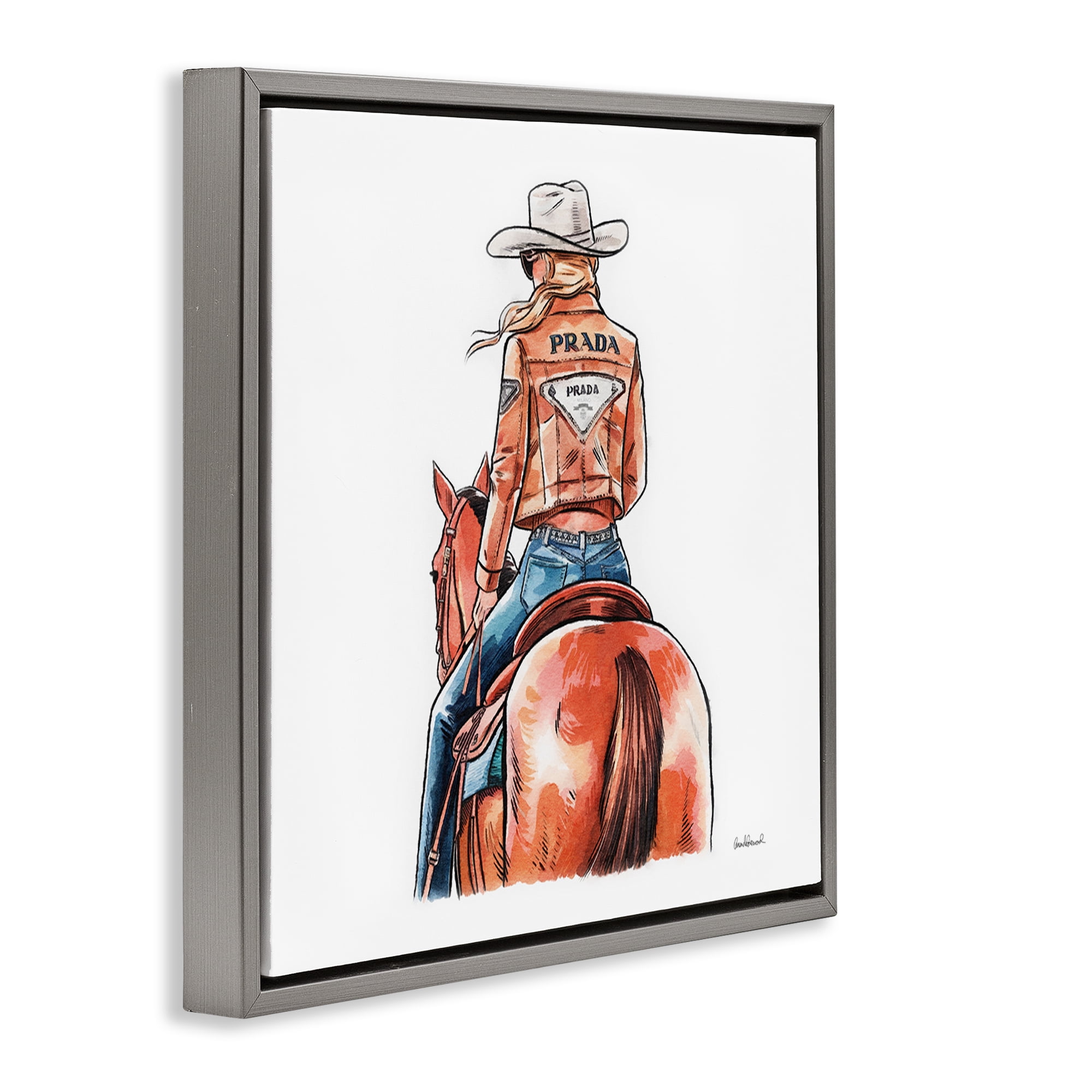 Stupell Industries Glam Jacket Cowgirl & Horse People Painting Gray Floater Framed Canvas Art Print Wall Art, 25 x 25