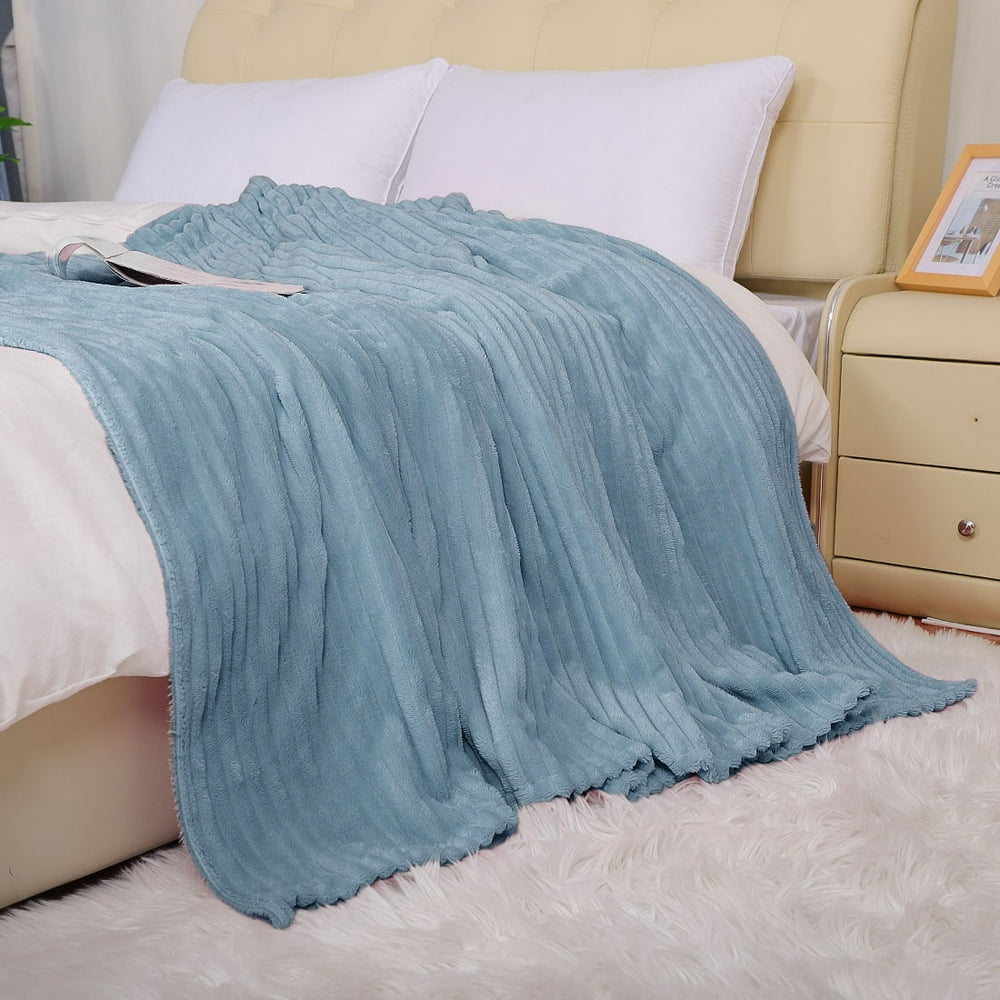 PiccoCasa Striped Polyester Lightweight Bed Blanket, Full, Blue