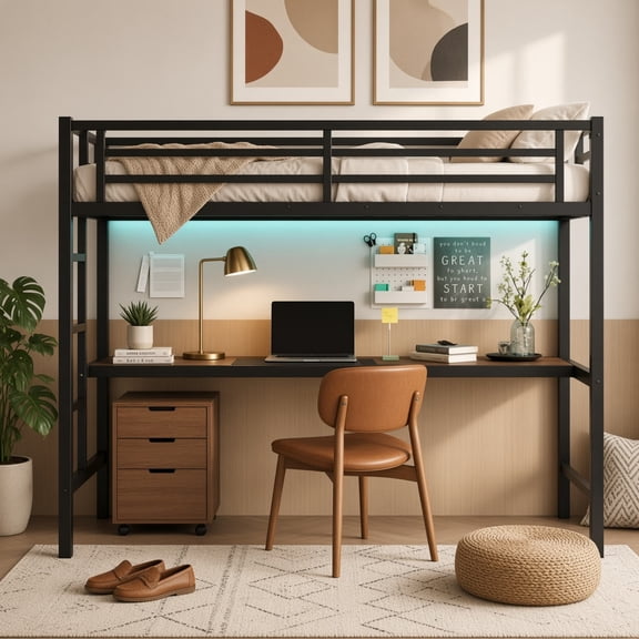 Twin & Twin XL Metal Loft Bed with Desk, USB Charging & LED Lights, Space-Saving, Black