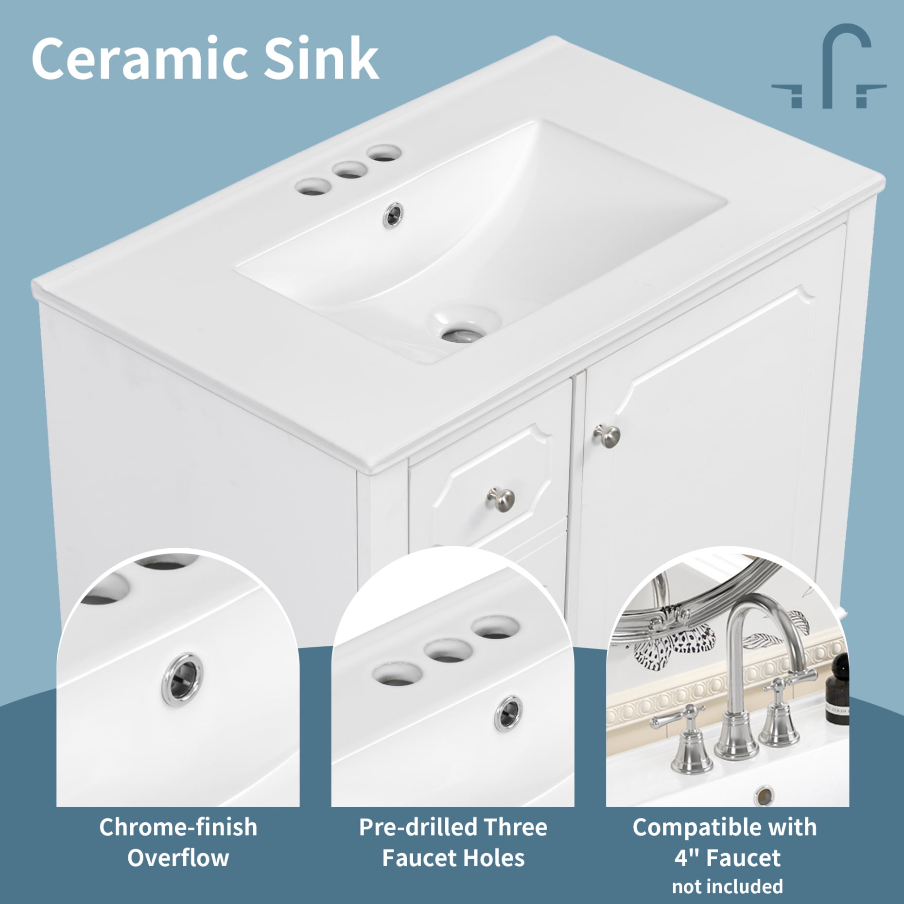 30" Bathroom Vanity with Ceramic Sink ,Soft-Close Door and 3 Drawers, Freestanding Vanity Cabinet with Storage Shelves,Solid Wood Frame Vanity for Bathroom, White