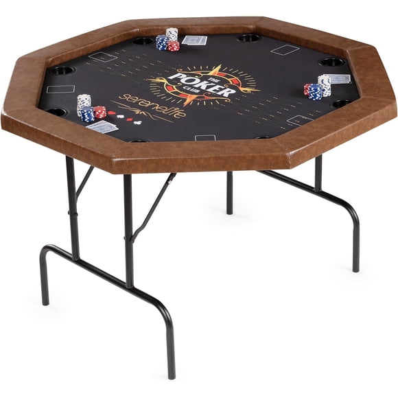 SereneLife Mesa de Póker de 213 cm, Mesa de Juego Plegable Octagonal para 8 Jugadores, Estilo Casino, con Baranda Acolchonada Resistente al Agua, con 8 Portavasos