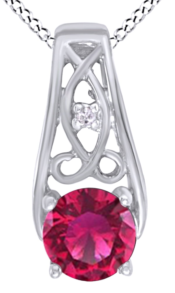 Simulated Pink Ruby & White Natural Diamond Accent Pendant Necklace In 14k Solid White Gold (0.51 Cttw) by Jewel Zone US
