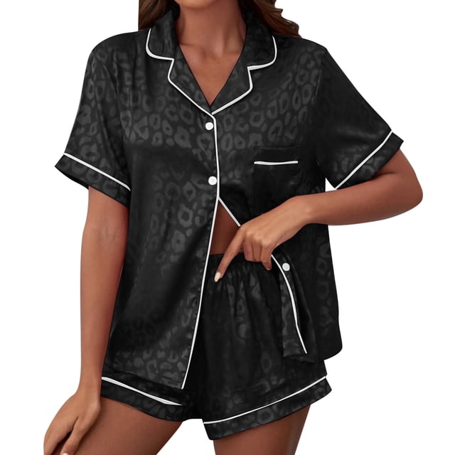 Vente de Liquidation 2025 Ensembles de Pyjama pour Femmes Satin Imprimé Vêtements de Maison Manches Courtes Col à Revers Pyjamas Confortables Multicolores