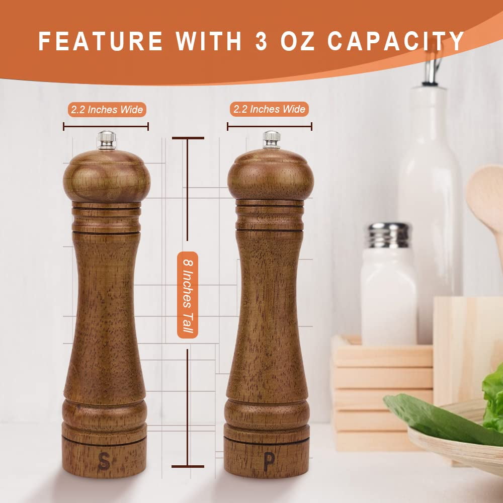 Salt and Pepper Mill Set, Wooden Salt and Pepper Grinders, Shakers with Ceramic Core- 8 Inches -Pack of 2