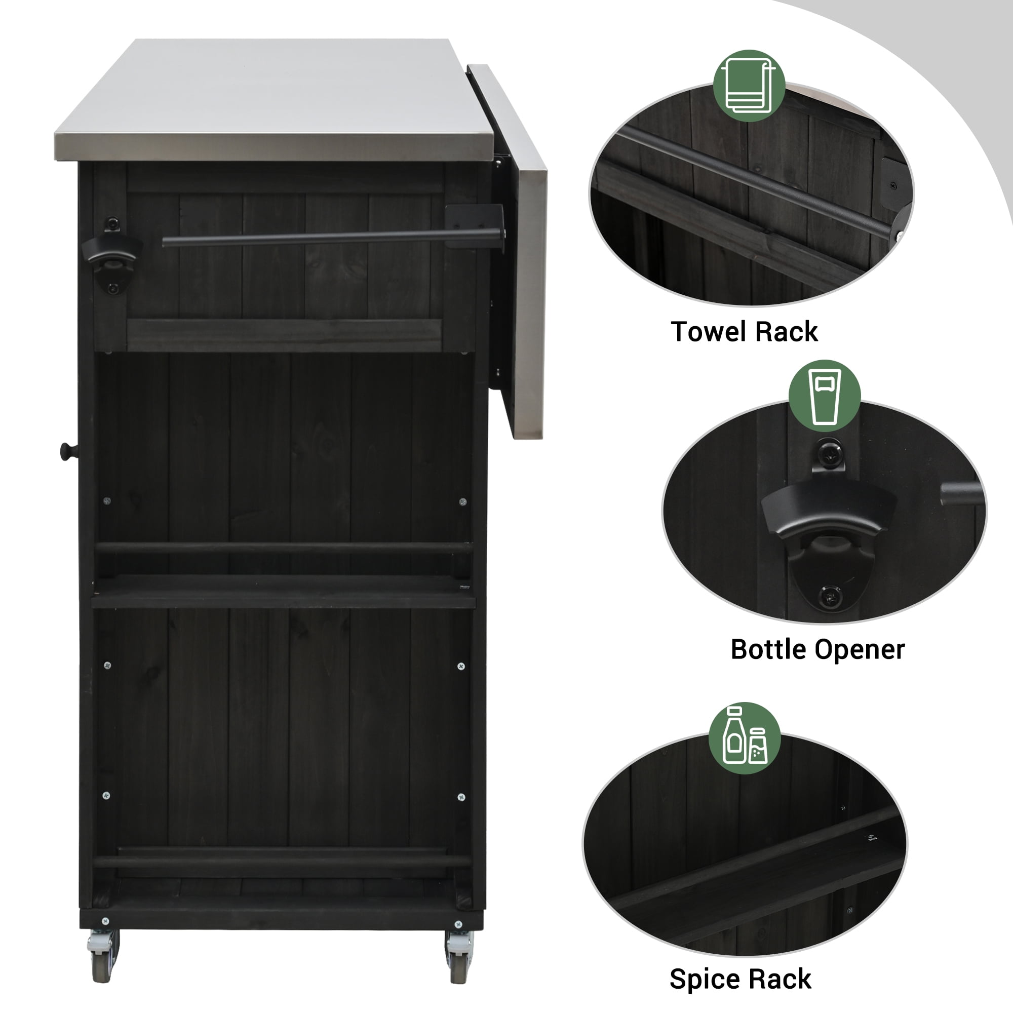 Outdoor Kitchen Islands, Patio Storage, Fir Wood Kitchen Island with Stainless Steel Foldable Top, Lockable Wheels, Ample Storage, Towel and Spice Racks, Bottle Opener for Backyard Patio, Black