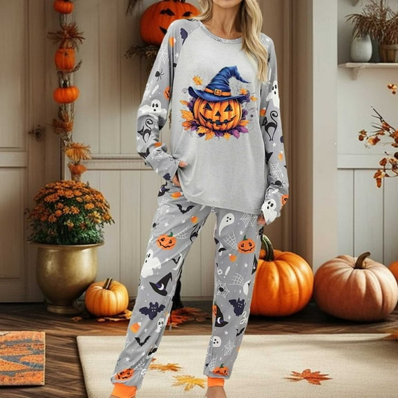 Fall Pajamas for Women Set Soft Lightweight Halloween Pumpkin Graphiced Crew Neck Long Sleeve Loungewear Loose Fit Two Piece Holiday Sleepwear Set