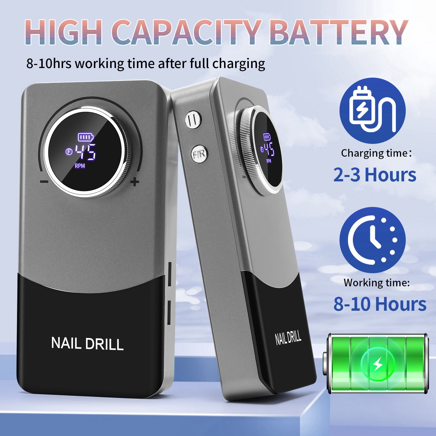 Professional 45000RPM Nail Drill Machine for Acrylic & Gel Nails, Rechargeable Electric Nail File with LCD Display, Low Noise, Portable E-File Tool