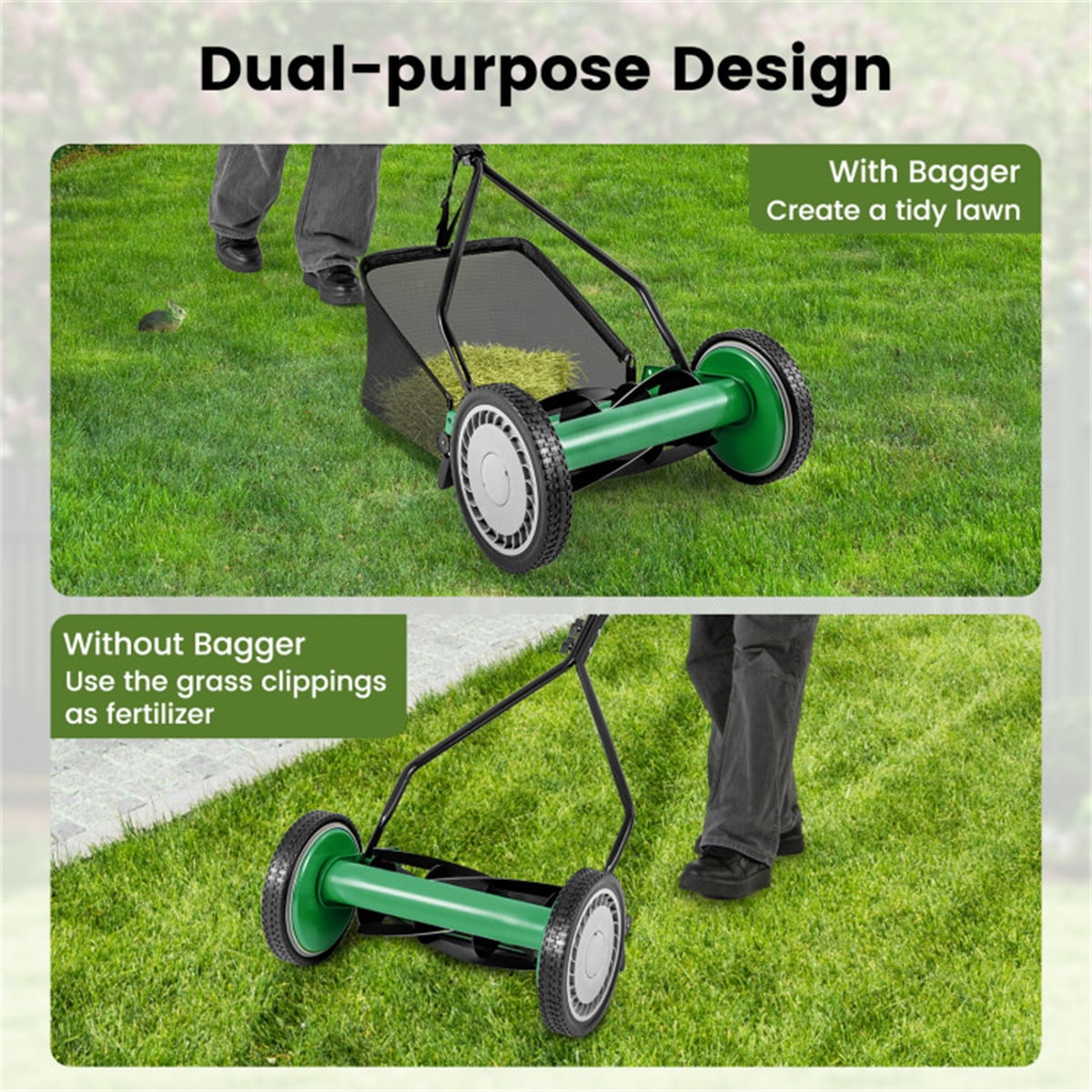 14 Inch Manual Push Lawn Mower, 4-Height Adjustable Hand Reel Mower with Grass Catcher Bag, Non-Electric Lawn Mower for Garden Yard