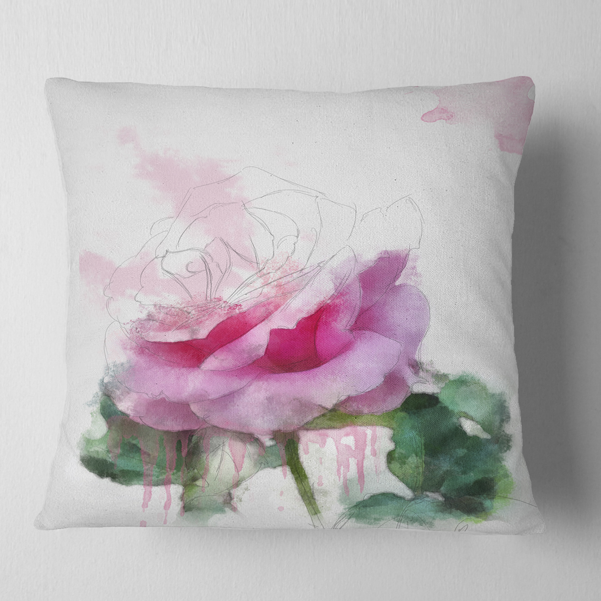 Designart Pink Rose Stem with Paint Splashes - Floral Throw Pillow - 16x16