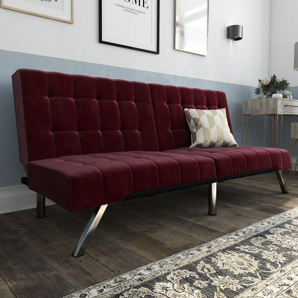 DHP Emily Convertible Tufted Futon Sofa, Burgundy Velvet