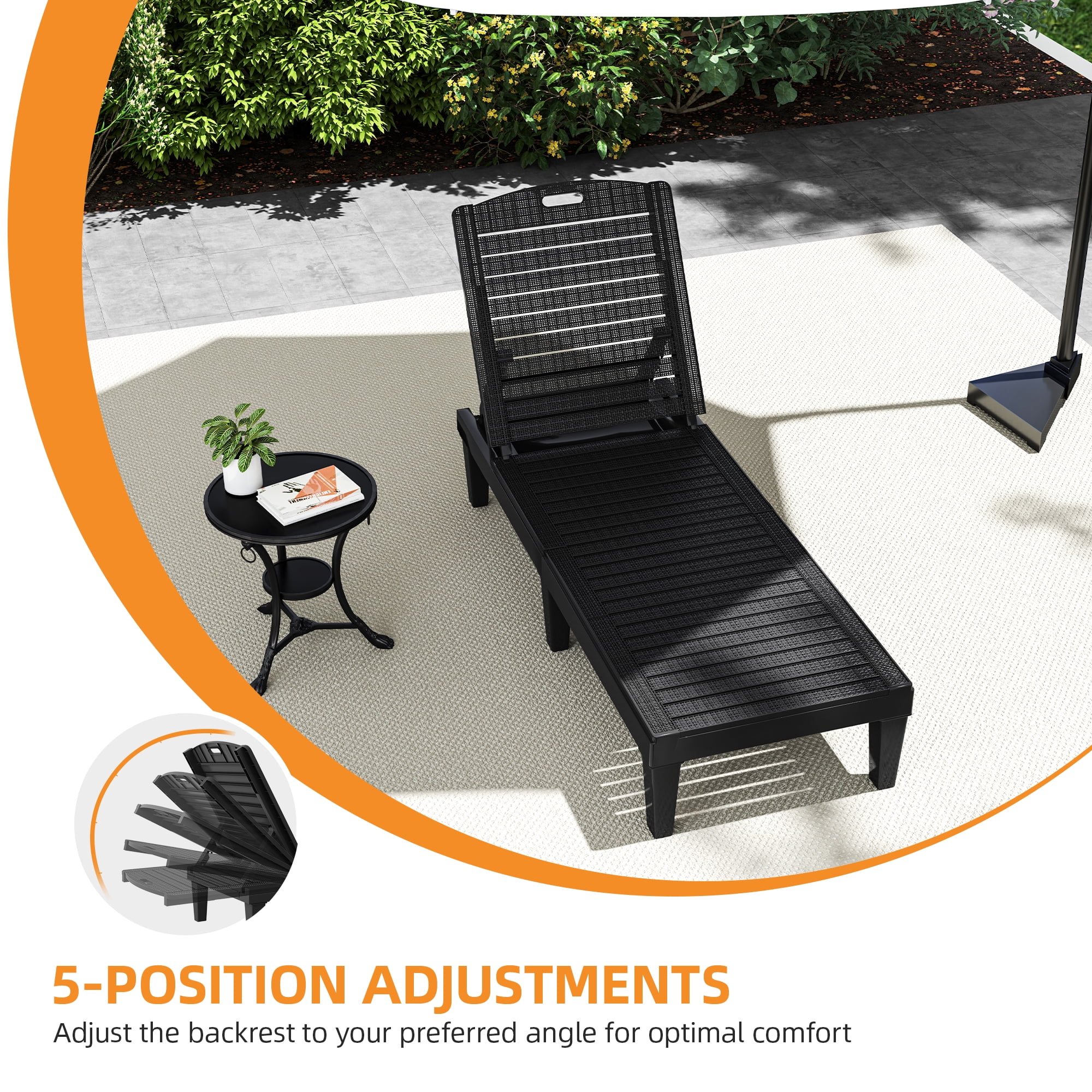 Uforic Outdoor Chaise Lounge, 5-Position Adjustable Backrest, Waterproof for Patio & Poolside, Black
