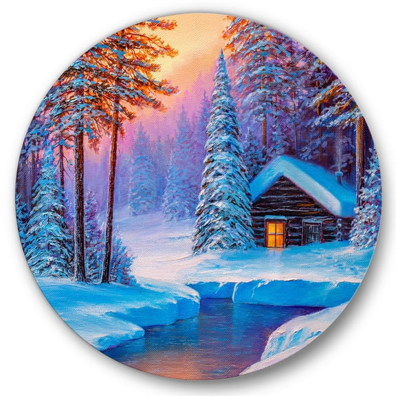 Designart 'Old Cabin In Winter Forest In Evening Glow I' Traditional Circle Metal Wall Art 36x36 - Disc of 36