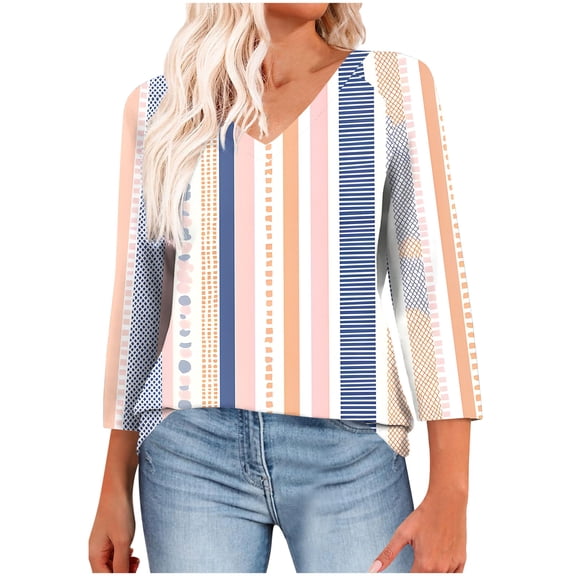 Jsaierl Womens 3/4 Length Sleeve Tops Plus Size V Neck Shirts Cute Print Ladies Blouses Soft Holiday T-shirts Raglan Top S-3XL