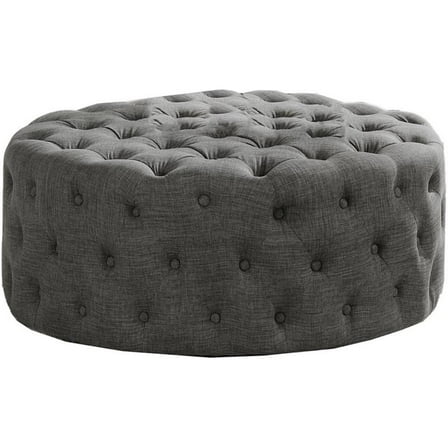 Pemberly Row Contemporary 40" Round Linen Fabric Ottoman in Gray