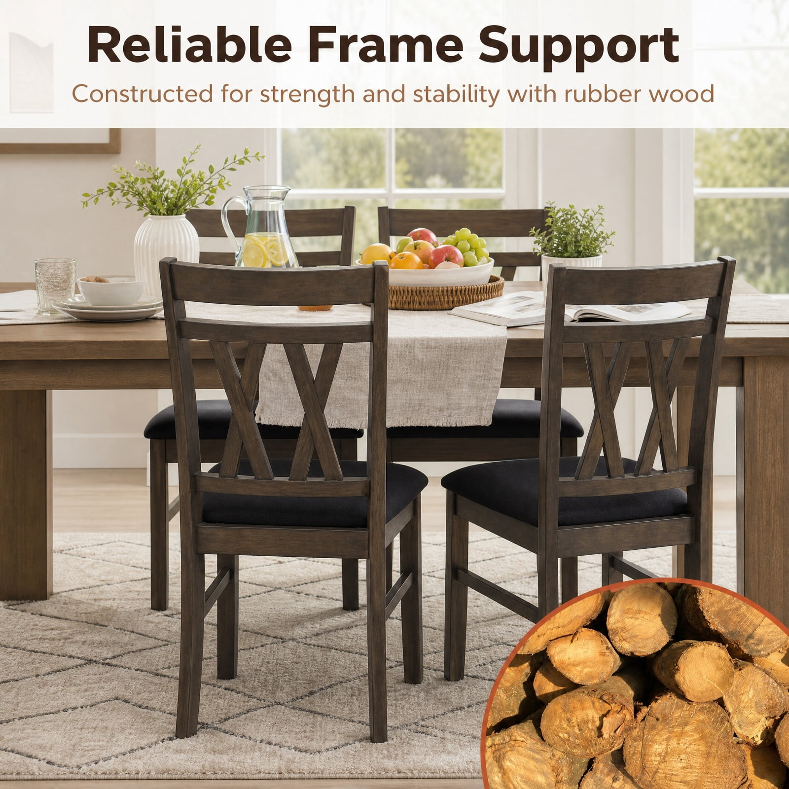 Furnibear Set of 2 Modern Linen Style Upholstered Kitchen Chairs with High Back and Rubber Wood Frame for Dining Room, Gray