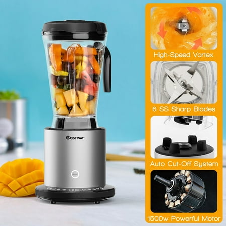 Costway - 1500W Countertop Blender Smoothie Maker High Power Blender w/ 10 Speeds - Black/Silver