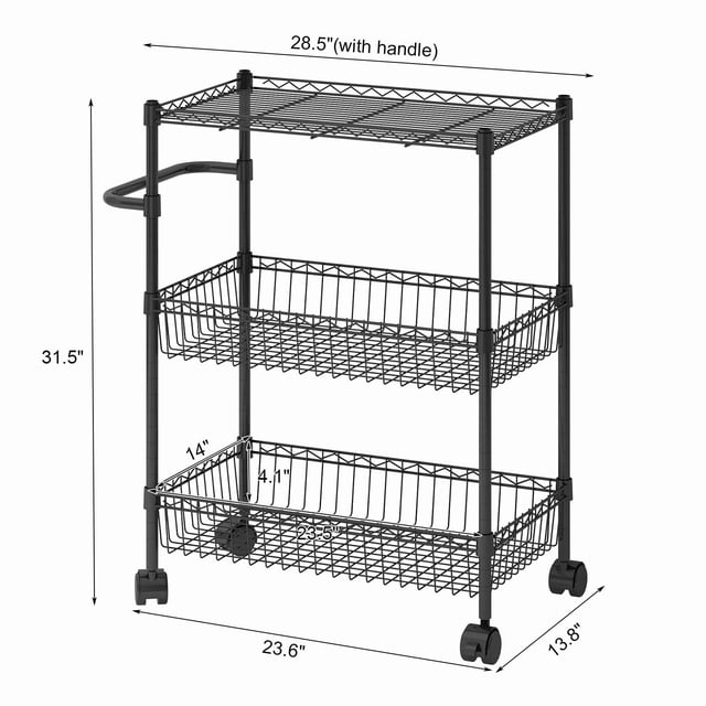 GloryStar Chariot Mince à Roulettes avec Poignée, Chariot Utilitaire Robuste à 3 Niveaux en Acier Noir avec Étagères en Fil et Paniers. le Chariot Mesure 31,5 Pouces de Hauteur, 28,5 Pouces de Largeur (avec Poignée), et 13,8 Pouces de Profondeur. Il Comprend des Tablettes et des Paniers Ajustables, des Poignées Latérales Ergonomiques, et Quatre Roues Pivotantes, Deux d'Entre-Doigts avec Freins pour la Stabilité. Idéal pour les Cuisines, les Bureaux Ou les Espaces de Vie, Il Supporte jusqu'à 600 Lb et Offre un Rangement Polyvalent pour Appareils, Fournitures Ou Essentiels