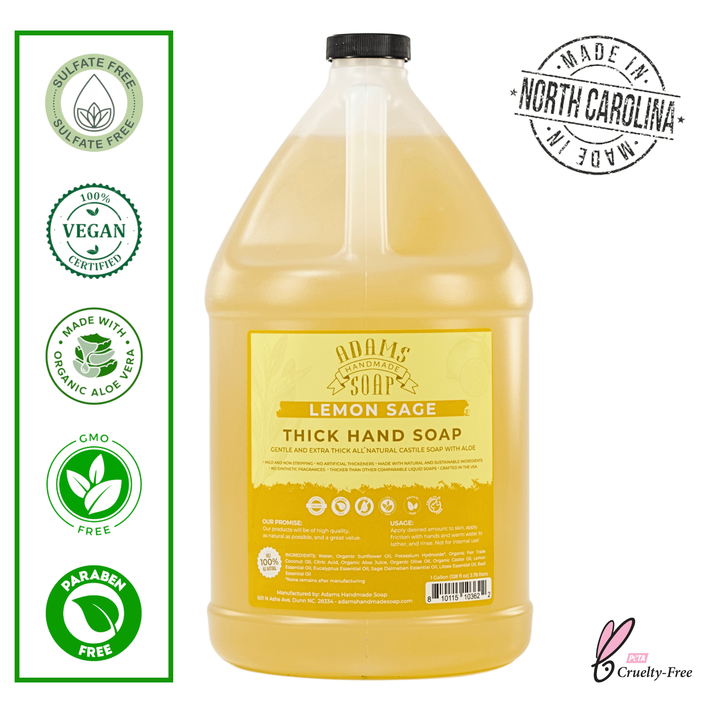 Lemon Sage Organic Castile Liquid Hand Soap 1 Gallon Refill Adams Handmade Soap