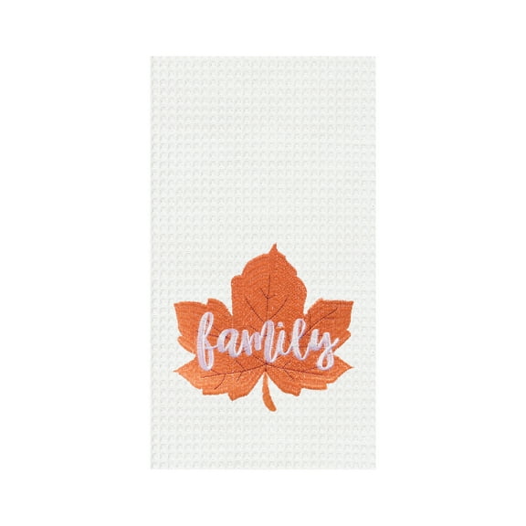 "Family" Leaf Embroidered Waffle Weave Kitchen Autumn Dishtowel