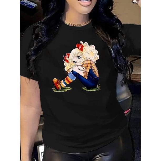 Camiseta con estampado de dibujos animados para mujer: cuello redondo, manga corta, tejido elástico, lavable a máquina, ideal para deportes de ocio.
