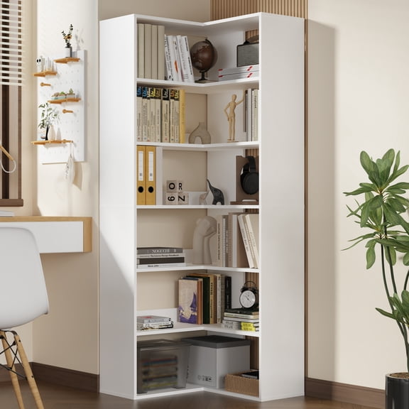 71" Tall White Corner Bookshelf, 6 Tier L-Shape Corner Shelf Stand, Freestanding Wood Display Stand for Living Room and Office
