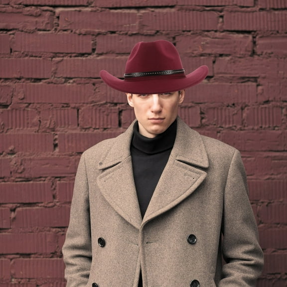 Homoyoyo Dark Red Nylon Western Cowboy Hat for Women's Stylish Wide Brim Fashionable Ethnic Design 70s Fall Winter Size