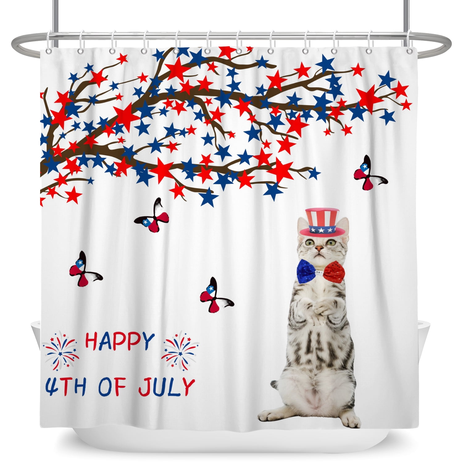 SUNOLIFE 4th of July Shower Curtain,Patriotic Independence Day Cat Fabric Bathroom Curtain with Hooks,72x72 in