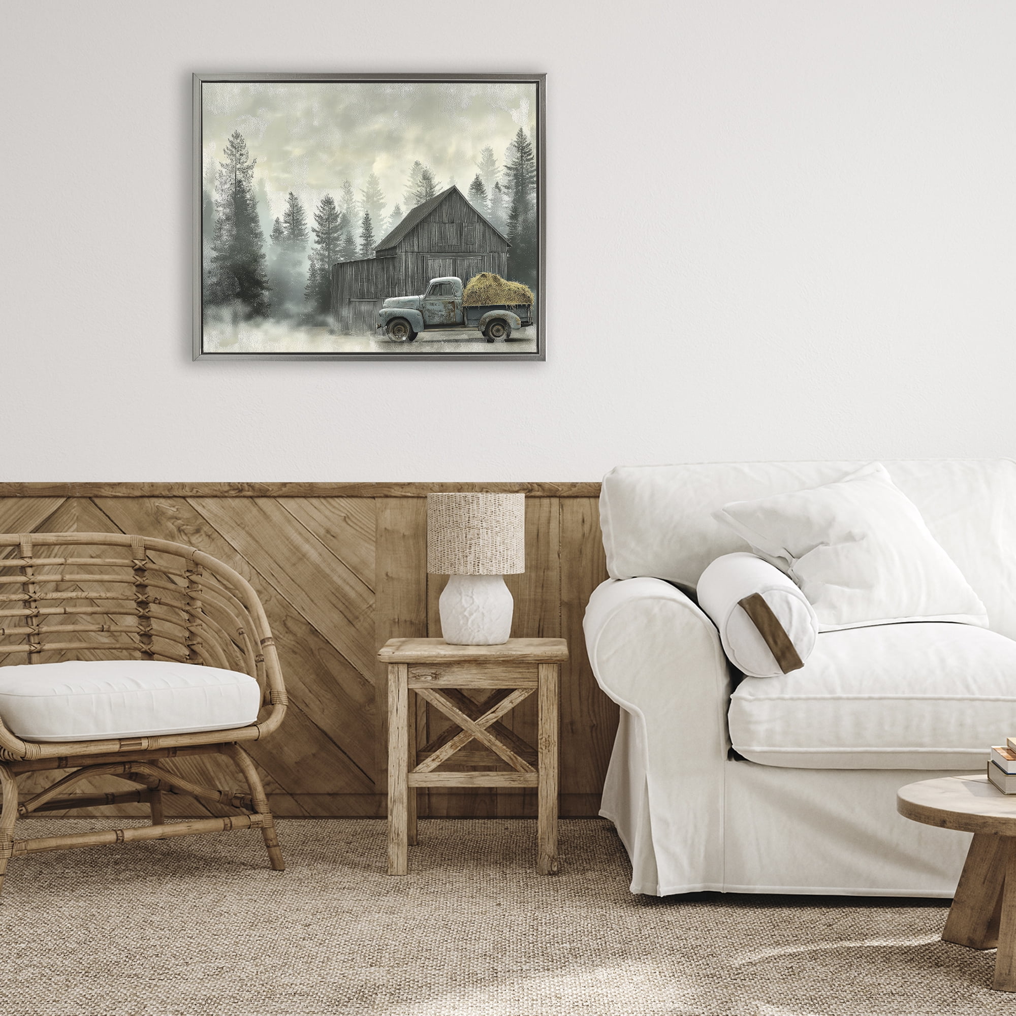 Stupell Industries Vintage Pickup at Misty Barn Gray Framed Floater Canvas Wall Art, design by Imagine It Images