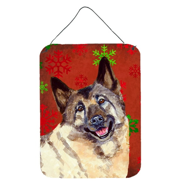 Norwegian Elkhound Red and Green Snowflakes Holiday Christmas Wall or Door Hanging Prints