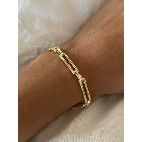 Sparkle Jewels 14K Yellow Gold Finish Round Cubic Zirconia Paperclip Bracelet For Women