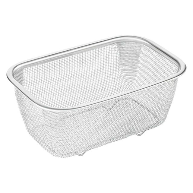 Stainless Steel Mesh Sink Basket Vegetable Fruit Colander Strainer Kitchen Tools, featuring a rectangular fine mesh design in silver, measuring 8x5x3 inches. Perfect for straining, rinsing, and draining vegetables, fruits, grains, and more. This durable kitchen gadget sits on pots, sinks, or countertops for hands-free use, fulfilling all food strainer needs.