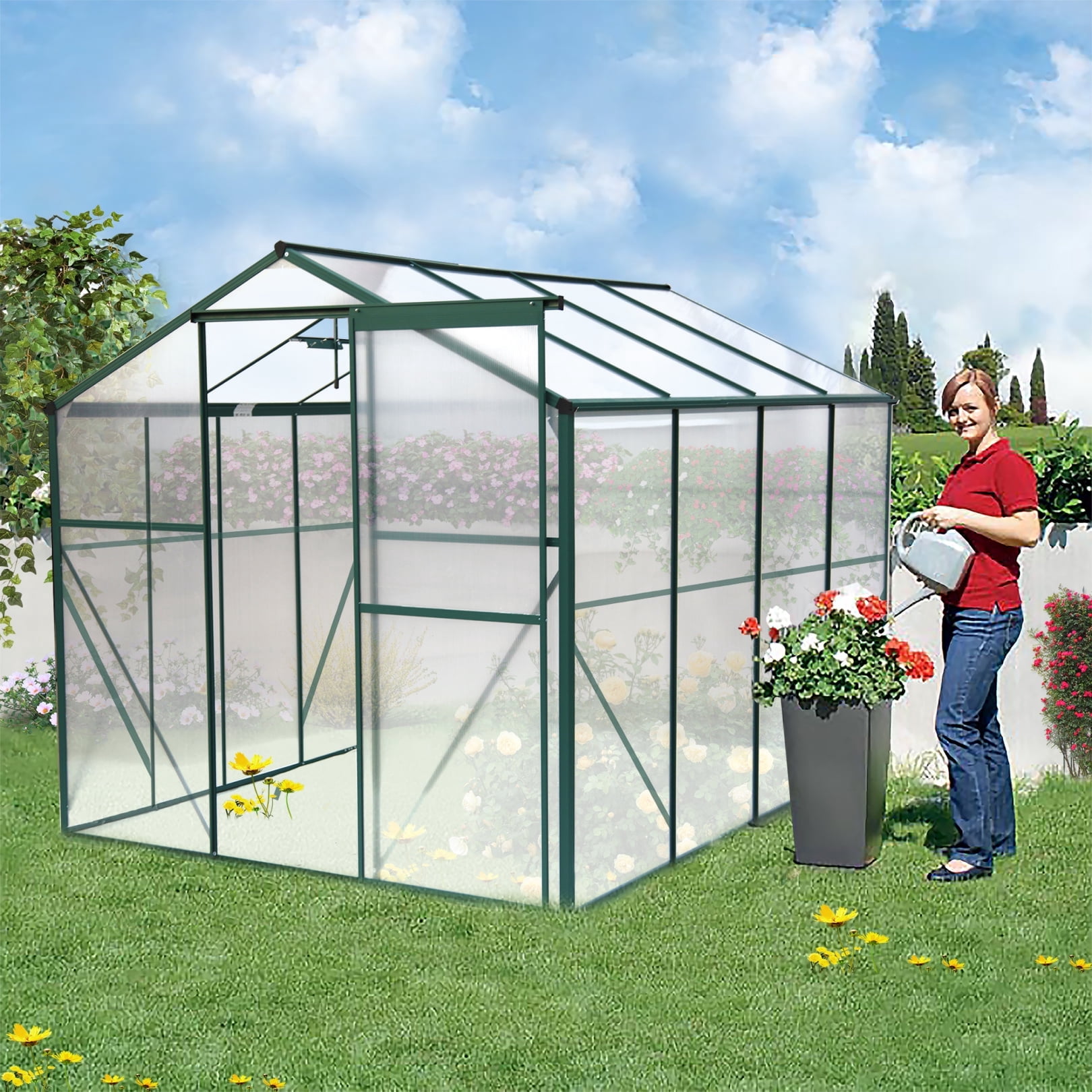 6x8 FT Greenhouse, 2 Vent Window with Door Walk-in Hobby Greenhouse Aluminum Hot House for Outdoor Garden Backyard,Greenhouse for Indoor, Plant Greenhouses, Portable Heavy Duty Garden Greenhouse