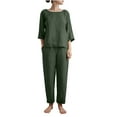 thumbnail image 1 of Yuyuzo Ensembles 2 Pcs en Coton et Lin pour Femmes Col Rond Manches 3/4 avec Pantalons Droits Tenues de Détente, 1 of 7