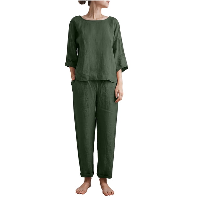 Yuyuzo Ensembles 2 Pcs en Coton et Lin pour Femmes Col Rond Manches 3/4 avec Pantalons Droits Tenues de Détente