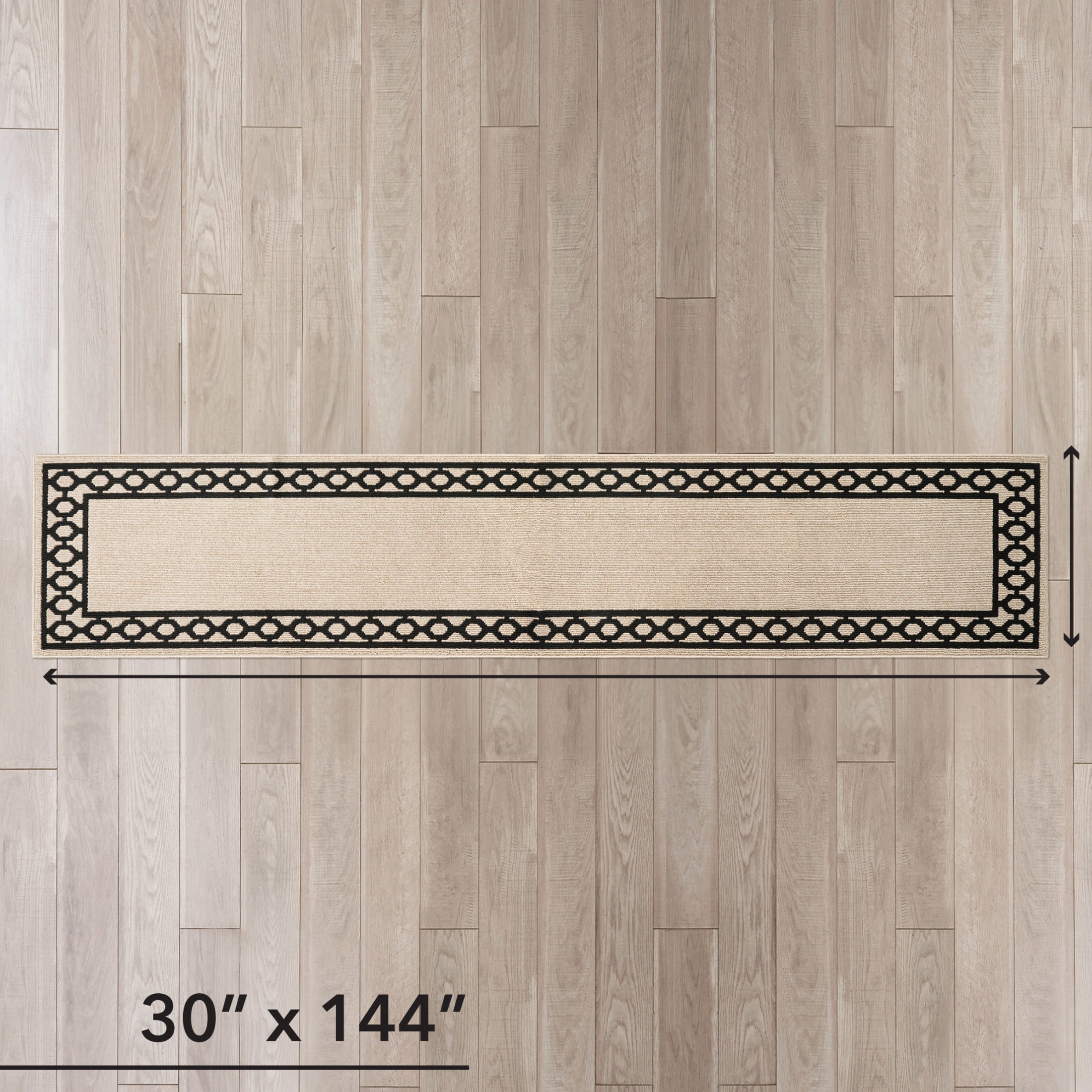 Washable Skid-Resistant Runner Rug, Trellis Border , Natural Twist and Black , 30" x 144"