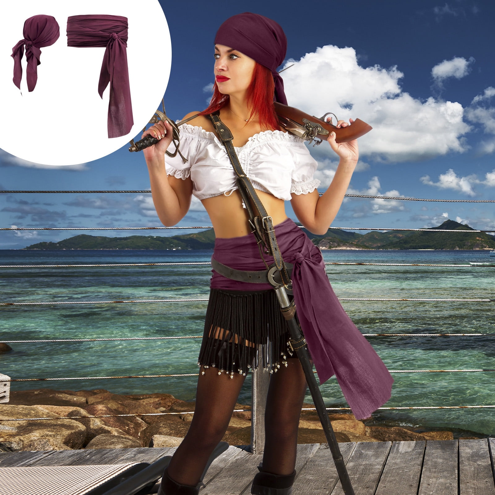 Pirate Bandana Men Pirate Costume Set Head Scarf Waist Sash