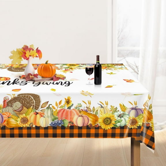 Thanksgiving Fall Tablecloth Fabric Rectangle - Polyester Tables Cloth Cover for Long Table Autumn Harvest Orange Pumpkin Buffalo Plaid Turkey Decor Waterproof 60x84 Inches