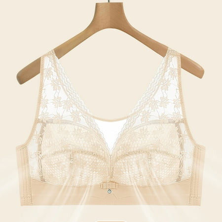 Elvqul Wirefree Bras Women Beige Nylon Breathable Bralette Lace Underwear Underwire Plus Size Bras