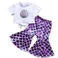 thumbnail image 3 of Girls Fashion Shell Printed Lace up Top Cute Mermaid Fish Scales Bell-bottomed Pants Two Piece Set, 3 of 5