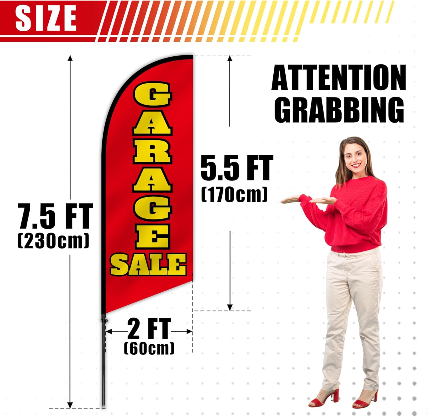 Anley 7.5 FT Garage Sale Feather Flag Banner Kit - Outdoor Swooper Advertising Flags with Pole and Stake - Garage Sale Sign for Home, Neighborhood Sales, Yard Sales - Weather Resistant & Easy Setup
