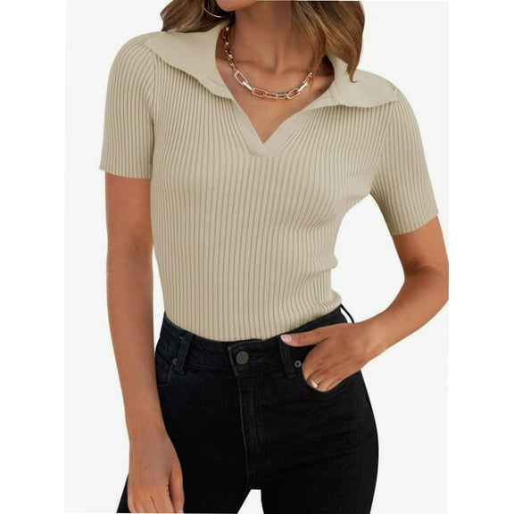 Womens V Neck T Shirts Short Sleeve Slim Fit POLO Tops Solid Color Trendy Summer Basic Tee T-Shirts