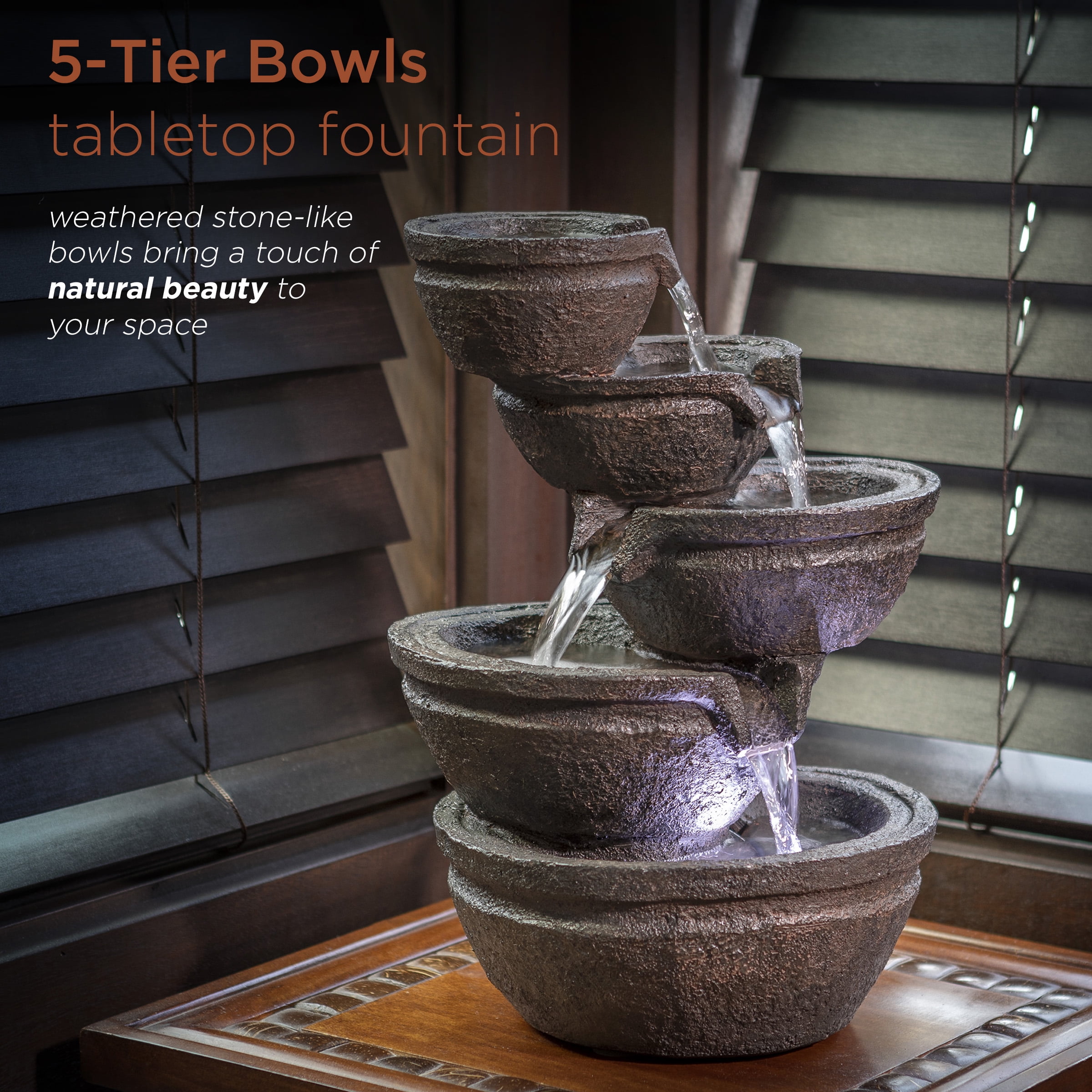 Alpine Corporation 13" 3-Tiered Bowls Tabletop Fountain with LED Lights, Resin