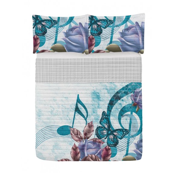 Music Reversible Bedspread Set, Music Roses Romantic Antiquity Victorian Classic Bridal Floral Illustration, Pillow Shams & Comforter Microfiber Bedding Set, 3 Sizes, Sea Blue, by Ambesonne